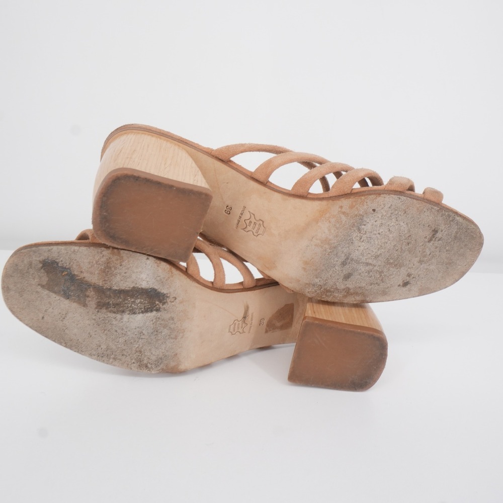 Paloma Wool Suede Strappy Mules Women 39 Tan Beige Wood Block Heel Made in Spain - Picture 7 of 7